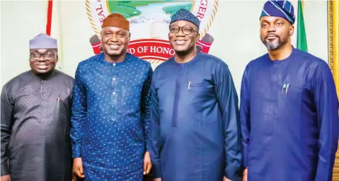  ?? Ekiti State Governor, Mr Biodun Oyebanji; Speaker, Ekiti State House of Assembly, Adeoye Aribasoye (left); immediate past Governor of the state, Dr Kayode Fayemi; and Commission­er for Health and Human Services, Dr Oyebanji Filani during Dr Fayemi’s condol ??