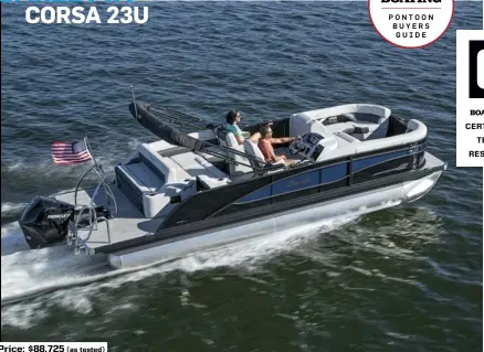  ??  ?? Price: $88,725 (as tested)
SPECS: LOA: 25'0" BEAM: 8'6" DRAFT: 1'0" to 1'3" DRY WEIGHT: 3,640 lb. SEAT/WEIGHT CAPACITY: 13/1,781 lb. FUEL CAPACITY: 48 gal.
HOW WE TESTED: ENGINE: Mercury 200 FourStroke DRIVE/PROP: Outboard/Mercury Enertia 15.3" x 14" 3-blade stainless steel GEAR RATIO: 1.85:1 FUEL LOAD: 30 gal. CREW WEIGHT: 190 lb.