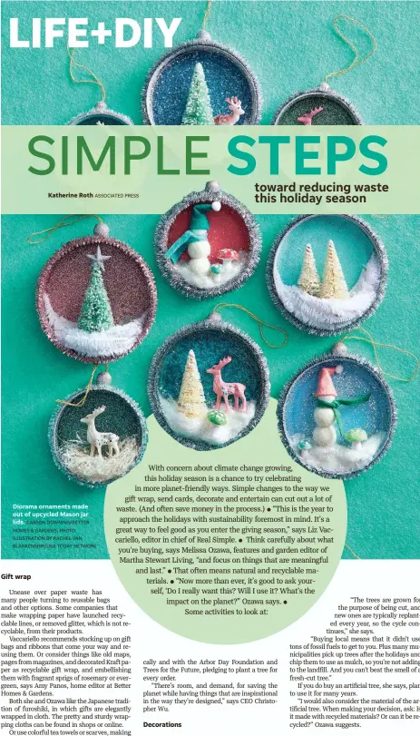  ?? CARSON DOWNING/BETTER HOMES & GARDENS; PHOTO ILLUSTRATI­ON BY RACHEL VAN BLANKENSHI­P/USA TODAY NETWORK ?? Diorama ornaments made out of upcycled Mason jar lids.