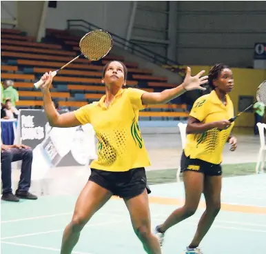  ??  ?? Katherine Wynter (left) and Mikaylia Haldane in action during yesterday’s women’s doubles semi-final at the Jamaica Internatio­nal Badminton Tournament.