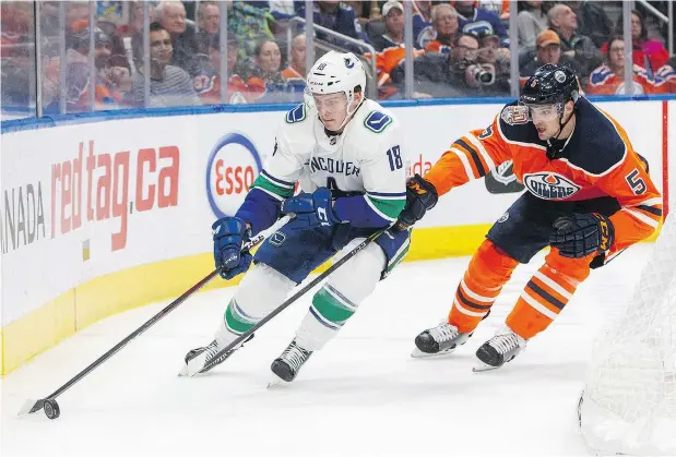  ?? — THE CANADIAN PRESS FILES ?? Vancouver Canucks forward Jake Virtanen is one of several high draft picks taken in recent years, forming a solid, youthful foundation for the team to build upon. But at some point, the Canucks have to take the next step, and that means playoffs, writes Ed Willes.