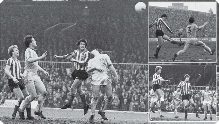  ??  ?? Stan Cummins rises to head home his second goal, and Sunderland’s third, in the 5-0 demolition of Burnley at Roker Park. Kevin Arnott (top right) drives in a shot, while Alan Brown and Claudio Marangoni (right) threaten