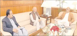  ??  ?? ISLAMABAD
Speakaer National Assembly Asad Qaiser in a meeting with Governor Punjab Chaudhry Muhammad Sarwar and Chief Minister Punjab Sardar Usman Buzdar at Parliament House. -APP