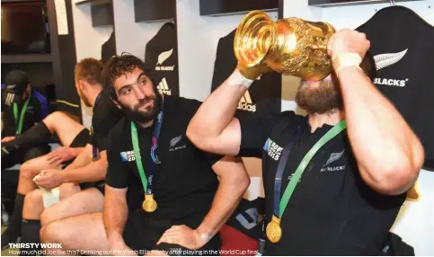  ??  ?? THIRSTY WORK How much did Joe like this? Drinking out the Webb Ellis trophy after playing in the World Cup final.