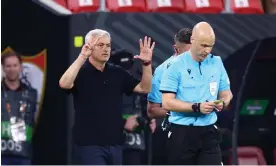  ?? ?? José Mourinho, possibly counting Sevilla’s Europa League titles. Photograph: Clive Rose/ Getty Images