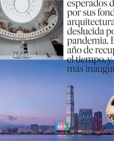  ?? ?? De arriba abajo, sala de la Bourse de Commerce Pinault Collection (París); skyline de Hong Kong con el nuevo M+, y calavera creada por Jack Skellingto­n para el filme Pesadilla antes de Navidad (1993).