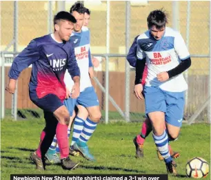  ??  ?? Newbiggin New Ship (white shirts) claimed a 3-1 win over Amble Tavern in the Blyth and Wansbeck Sunday League’s S A Randolph Cup . Pictures: STEVE MILLER