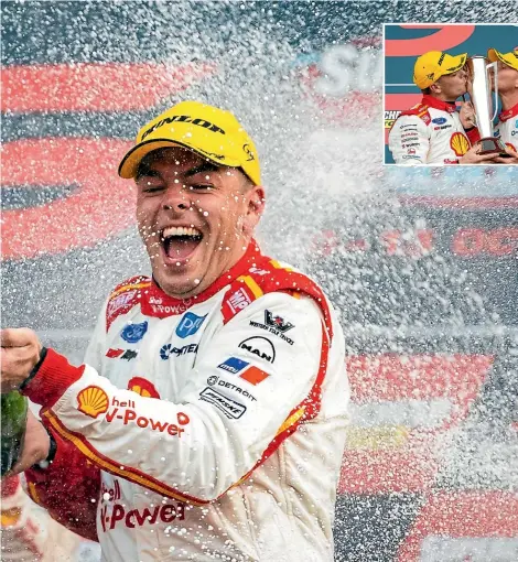  ?? GETTY IMAGES ?? Scott McLaughlin showers the crowd with champagne after winning the Bathurst 1000 on Sunday and, above, celebratin­g his success with codriver Alex Premat.