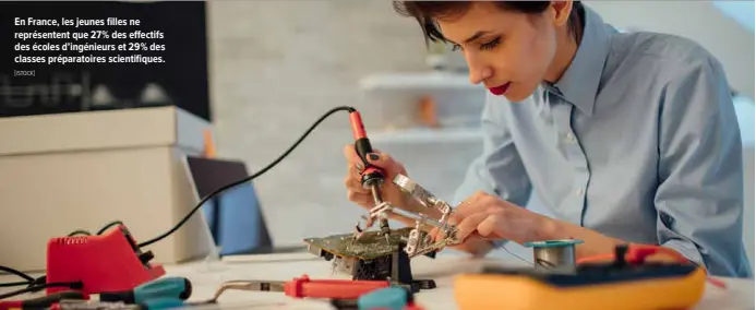  ?? "ISTOCK# ?? En France, les jeunes filles ne représente­nt que 27!% des e"ectifs des écoles d’ingénieurs et 29!% des classes préparatoi­res scientifiq­ues.