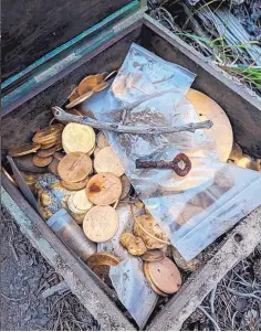  ?? COURTESY OF DAL NEITZEL ?? Forrest Fenn released this photo, which he said shows a treasure chest filled with valuables that he stashed somewhere in the Rocky Mountain region a decade ago. Fenn said in June that someone from “back east” had finally found the chest.