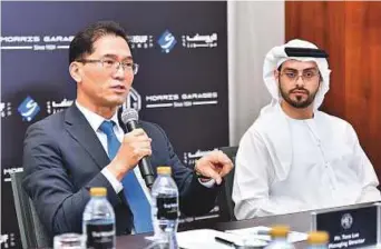  ?? Clint Egbert/Gulf News ?? ■ Tom Lee, Managing Director, SAIC Motor Middle East, (left) and Mohamed Iqbal Yousuf, Deputy President and Head of Marketing, Al Yousuf Motors, address the media.