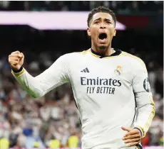  ?? — AFP Photo ?? Bellingham celebrates scoring his team’s third goal during the Spanish league match between Real Madrid CF and FC Barcelona at the Santiago Bernabeu stadium in Madrid.