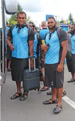  ?? Photo: FRU Media ?? Fiji Airways Flying Fijian reps Semi Kunatani and Leone Nakarawa checks out the team bus at Memanbatsu Airport in Abashri, Japan on September 12, 2019.