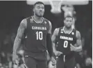  ?? FRANK FRANKLIN II/AP ?? South Carolina guard Duane Notice (10) and guard Sindarius Thornwell (0) take up defensive positions against Baylor on Friday in New York.