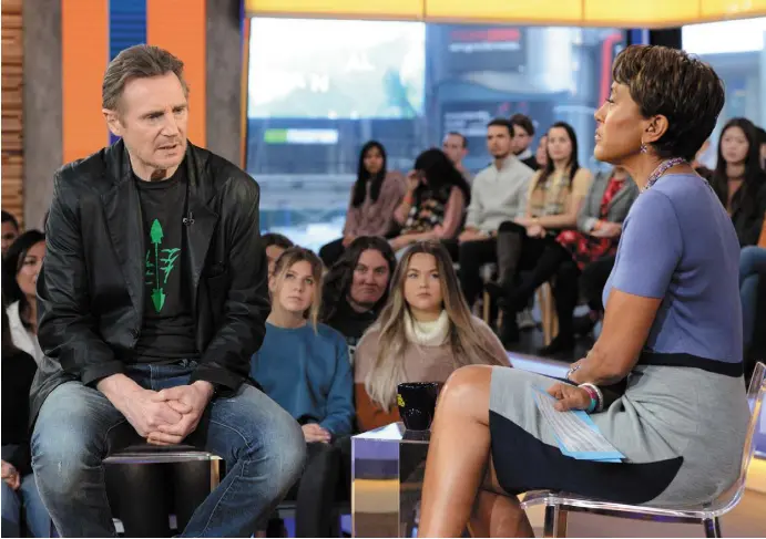  ??  ?? IN THE HOT SEAT: Liam Neeson is interviewe­d by Robin Roberts on ‘Good Morning America’ a day after his revelation that he had set out to kill a black man for revenge