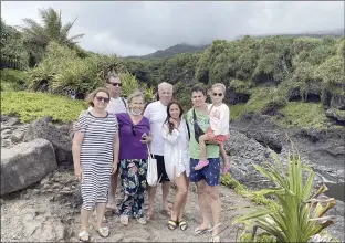  ?? Photo courtesy Barclay MacDonald ?? Olena Chopa (from left) is shown with Igor Chopa, Kathleen MacDonald, Barclay MacDonald, Vladlena Bugay, Sergiy Bugay and Milana Bugay. The families went out to Hana on March 1. The MacDonalds, who hosted Vladlena Bugay as a Ukrainian exchange student in 2004, invited the family to come to Maui over fears that Russia would invade Ukraine. “Kathy and Barclay literally saved us,” Vladlena Bugay said.