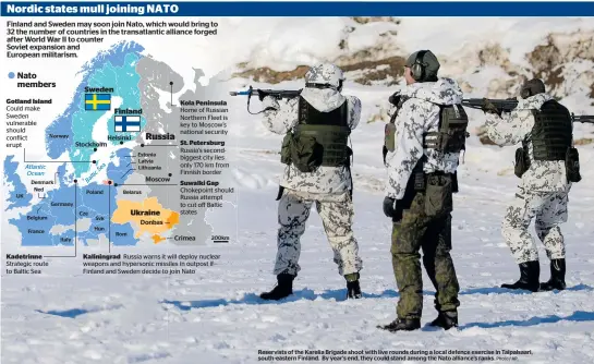  ?? Source: Reuters, DW, NATO, Graphic News / Herald graphic Photo / AP ?? Reservists of the Karelia Brigade shoot with live rounds during a local defence exercise in Taipalsaar­i, south-eastern Finland. By year's end, they could stand among the Nato alliance’s ranks.