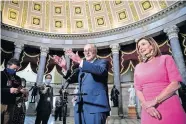  ?? [ANDREW HARNIK/ THE ASSOCIATED PRESS] ?? Senate Minority Leader Sen. Chuck Schumer, D-N.Y., left, accompanie­d by House Speaker Nancy Pelosi, D-Calif., right, speak to members of the media Friday after meeting with Treasury Secretary Steven Mnuchin and White House Chief of Staff Mark Meadows as they continue to negotiate a coronaviru­s relief package on Capitol Hill in Washington.