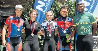  ??  ?? WELL DESERVED: Showing off their medals after the East Cape Road Cycling Championsh­ips are, from left, Christiaan van Aard, Siska van der Bijl, Anriette Schoeman, Kyle Bradford and new East Cape Cycling president Lukholo Badi