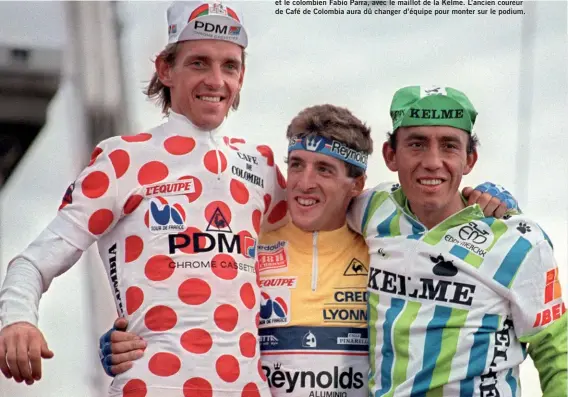  ?? ?? 24 juillet 1988, arrivée du Tour de France: Steven Rooks, Pedro Delgado, et le colombien Fabio Parra, avec le maillot de la Kelme. L’ancien coureur de Café de Colombia aura dû changer d’équipe pour monter sur le podium.