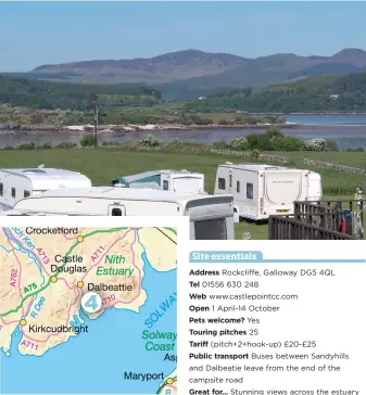  ??  ?? Address Rockcliffe, Galloway DG5 4QL Tel 01556 630 248 Web www.castlepoin­tcc.com Open 1 April-14 October Pets welcome? Yes Touring pitches 25 Tariff (pitch+2+hook-up) £20-£25 Public transport Buses between Sandyhills and Dalbeatie leave from the end of...