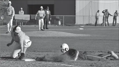  ?? Mike Capshaw/Herald-Leader ?? Siloam Springs’ Taylor Pool slides back into first base on a pick-off attempt after his leadoff single in the first inning of the Panthers’ 13-2 victory at Prairie Grove on Monday. Pool finished 3-for-4 with two RBIs to lead the Panthers’ 10-hit attack.