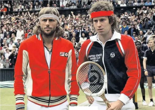  ??  ?? EL TENNIS DELS 80 Sobre aquestes línies, Borg i McEnroe, amb cintes al front i raquetes de fusta. A l’esquerra, els seus clons de pel·lícula: Sverrir Gudnason i Shia LaBeouf.