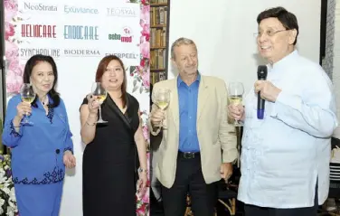  ??  ?? Trina Davies OBE, Dr. Claudia Samonte, Raoul Imbach, and your columnist toast to the newly opened clinic