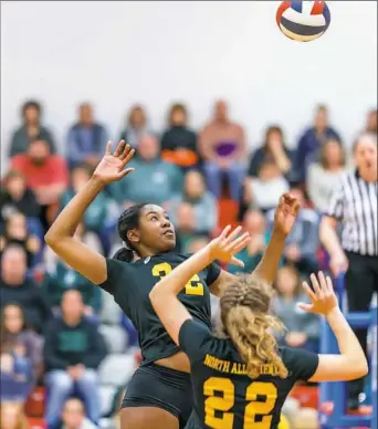  ??  ?? North Allegheny’s Kayla Dinkins had eight kills and six blocks in the Tigers victory.