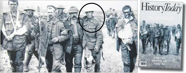  ??  ?? Joseph Hopkins, circled, with an injured leg, helping a fellow British soldier and German soldier march to a field hospital; the same photo was used to illustrate the front page of History Today