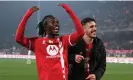  ?? ?? Monza’s Warren Bondo (left) celebrates scoring their third. Photograph: Alberto Lingria/Reuters