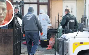  ?? KEVIN SCOTT/PACEMAKER ?? Police search a nearby house last night (left) and forensic experts examine the area where Robbie Lawlor (inset above) was shot