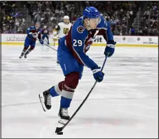  ?? ANDY CROSS — THE DENVER POST ?? Colorado Avalanche center Nathan Mackinnon fires a shot on goal against the Vegas Golden Knights in the third period at Ball Arena on Jan. 10.