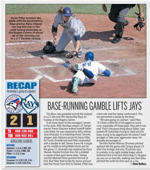  ?? TOM SZCZERBOWS­KI/GETTY IMAGES ?? Kevin Pillar touches the plate with his hand before Rays pitcher Ryne Stanek can tag him out in the sixth inning yesterday at the Rogers Centre. It stood up as the winning run in a 2-1 Toronto victory.