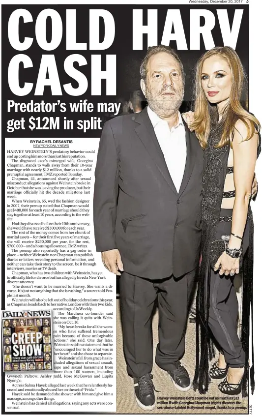  ??  ?? Harvey Weinstein (left) could be out as much as $12 million if wife Georgina Chapman (right) divorces the sex-abuse-tainted Hollywood mogul, thanks to a prenup.