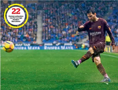  ?? AFP ?? Barcelona’s Lionel Messi shoots during the La Liga match against Espanyol. —