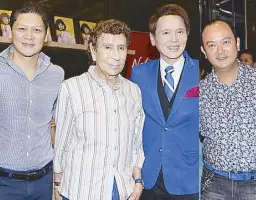  ??  ?? Society chronicler­s: Tatler Philippine­s editor Anton San Diego, with society columnists Maurice Arcache, George Sison of PDI and Pepper Teehankee of STAR