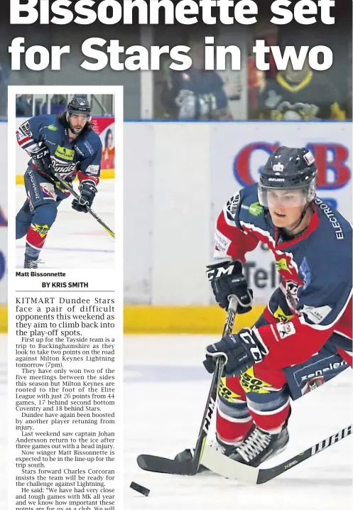  ??  ?? Matt Bissonnett­e Kitmart Dundee Stars’ Charles Corcoran (left) in action against Glasgow