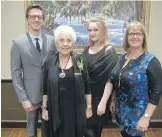  ??  ?? Top 7 Over 70 honouree Vera Goodman, second from left, with her grandson Bryce Blomfield, her granddaugh­ter Rachel Blomfield and her daughter Susan Blomfield.