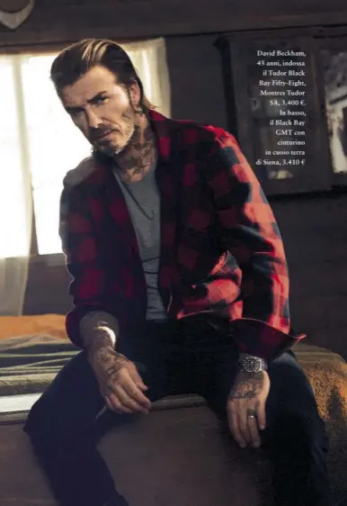 ??  ?? David Beckham, 43 anni, indossa il Tudor Black Bay Fifty-eight, Montres Tudor SA, 3.400 €. In basso, il Black Bay GMT con cinturino in cuoio terra di Siena, 3.410 €