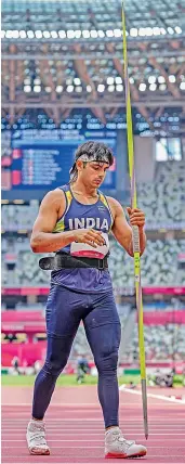  ?? PTI ?? India’s Neeraj Chopra competes in the qualificat­ion round of men’s javelin throw event at the Tokyo Olympics in Tokyo on Wednesday.