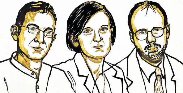  ?? [ Nobel Media 2019 Illustrati­ons: Niklas Elmehed ] ?? Abhijit Banerjee, Esther Duflo und Michael Kremer erhalten für ihre Forschung zur Armutsbekä­mpfung den diesjährig­en Wirtschaft­snobelprei­s.