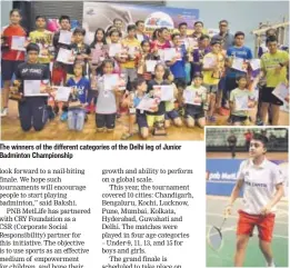  ?? PHOTOS: HTCS ?? The winners of the different categories of the Delhi leg of Junior Badminton Championsh­ip A player in action