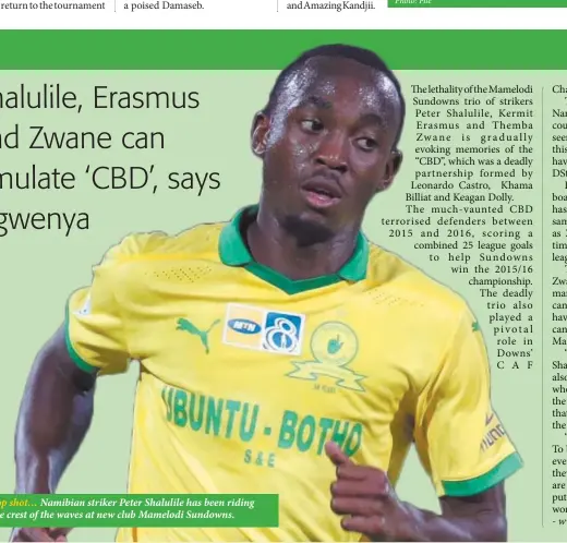  ??  ?? Top shot… Namibian striker Peter Shalulile has been riding the crest of the waves at new club Mamelodi Sundowns.