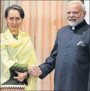  ??  ?? Prime Minister Narendra Modi greets Myanmar State Counsellor Aung San Suu Kyi in New Delhi on Wednesday. ARVIND YADAV/HT PHOTO