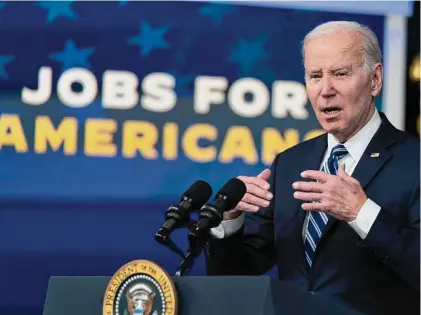  ?? Manuel Balce Ceneta / Associated Press ?? President Joe Biden speaks on the January jobs report in the Eisenhower Executive Office Building on the White House complex on Friday. Economists were astonished when the government reported Friday that employers added an explosive 517,000 jobs last month and that the unemployme­nt rate sank to a new 53-year low of 3.4%.