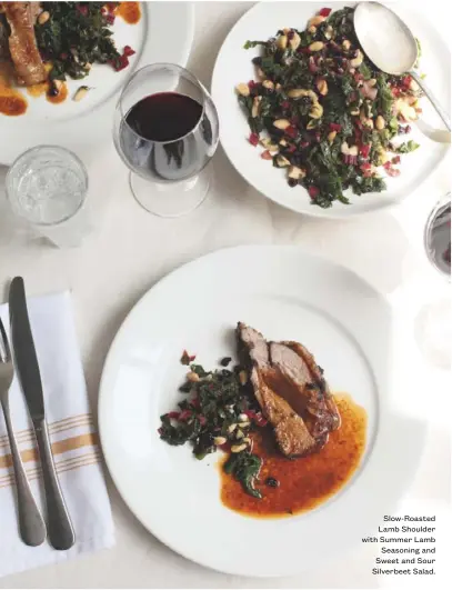  ??  ?? Slow-roasted Lamb Shoulder with Summer Lamb Seasoning and Sweet and Sour Silverbeet Salad.