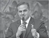  ??  ?? Former Republican state Sen. Frank Artiles, R-Miami, asks questions about a pipe insurance bill during house session in Tallahasse­e, Fla. Artiles, who used a racial slur and vulgar language in a conversati­on with two African-American colleagues,...
