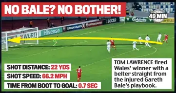  ??  ?? TOM LAWRENCE fired Wales’ winner with a belter straight from the injured Gareth Bale’s playbook.