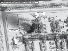  ?? AFP/Getty Images ?? This government satellite overview shows damage to oil/gas infrastruc­ture from weekend drone attacks at Khurais oil field in Saudi Arabia.